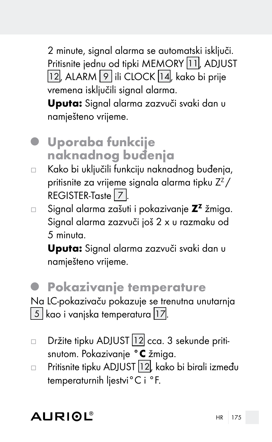 Uporaba funkcije naknadnog buđenja, Pokazivanje temperature | Auriol Z29962E_F User Manual | Page 175 / 212