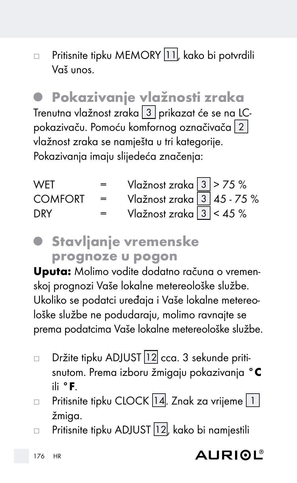 Pokazivanje vlažnosti zraka, Stavljanje vremenske prognoze u pogon | Auriol Z29962E_F User Manual | Page 176 / 212