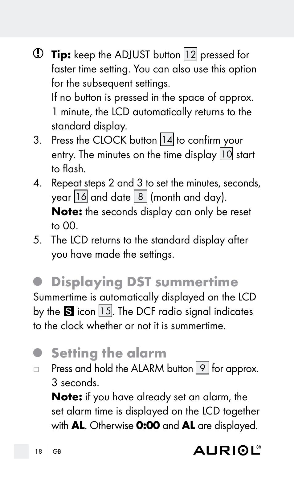 Displaying dst summertime, Setting the alarm | Auriol Z29962E_F User Manual | Page 18 / 212