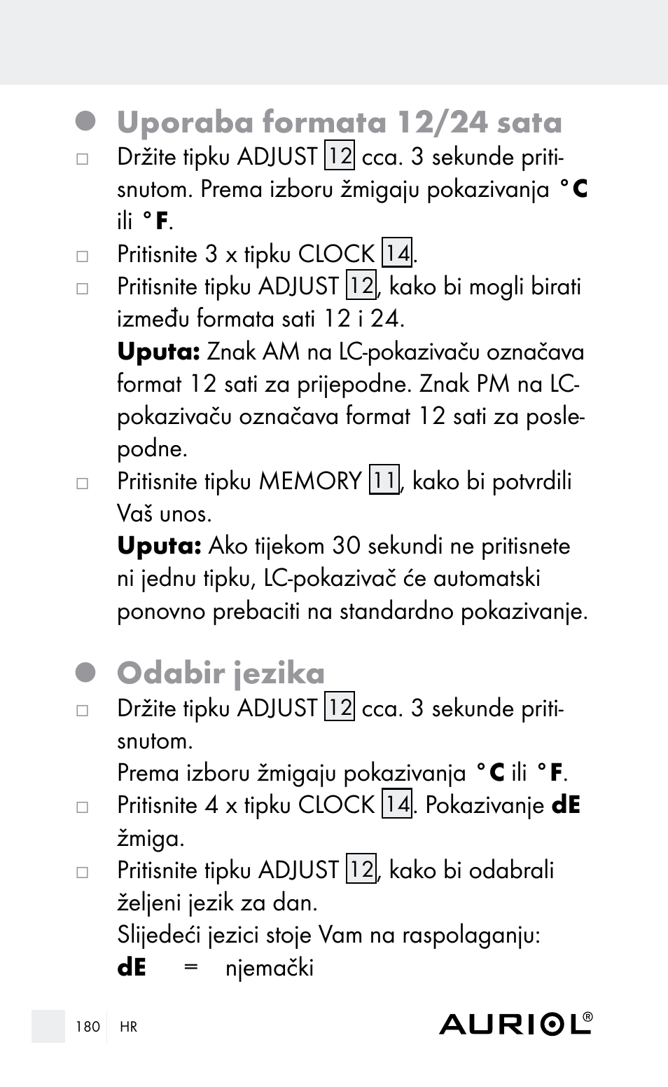 Uporaba formata 12/24 sata, Odabir jezika | Auriol Z29962E_F User Manual | Page 180 / 212