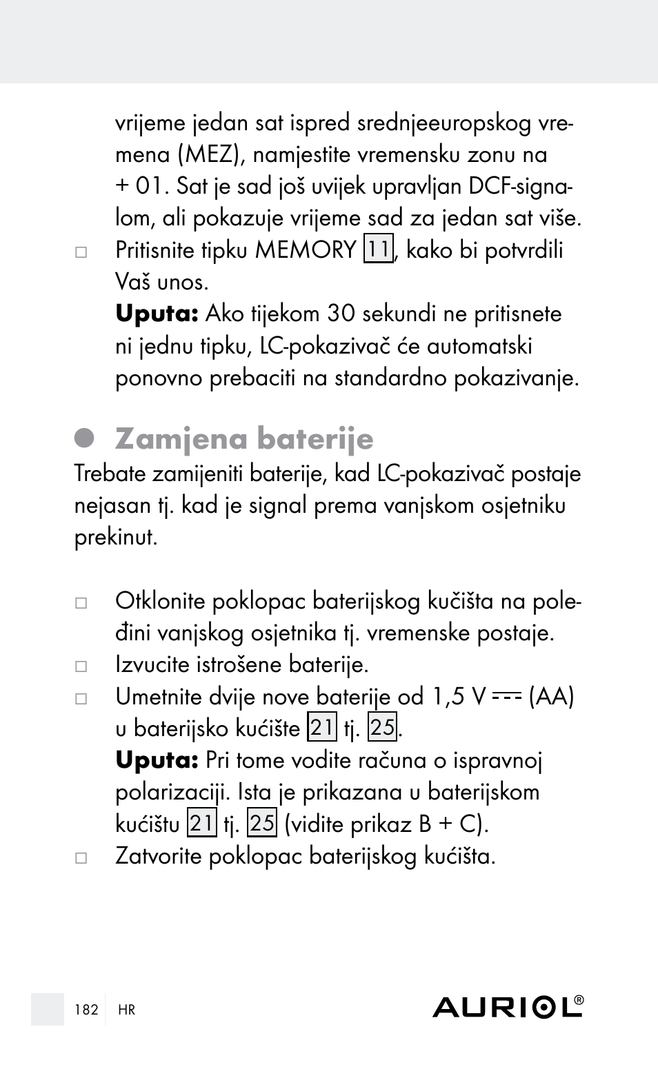 Zamjena baterije | Auriol Z29962E_F User Manual | Page 182 / 212