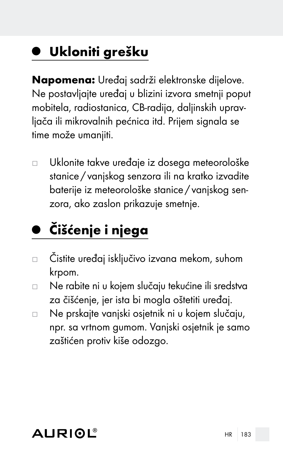 Ukloniti grešku, Čišćenje i njega | Auriol Z29962E_F User Manual | Page 183 / 212