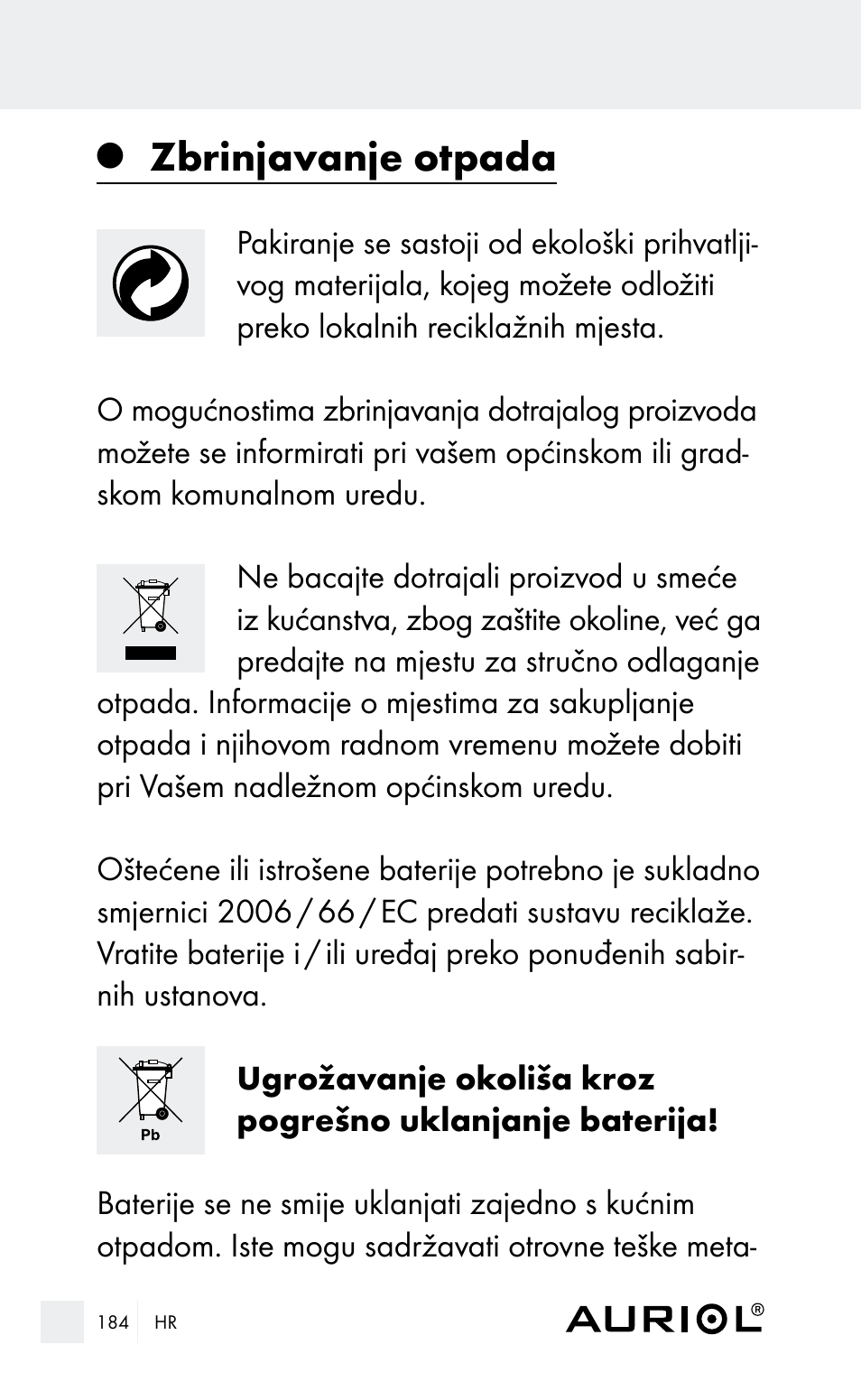 Zbrinjavanje otpada | Auriol Z29962E_F User Manual | Page 184 / 212