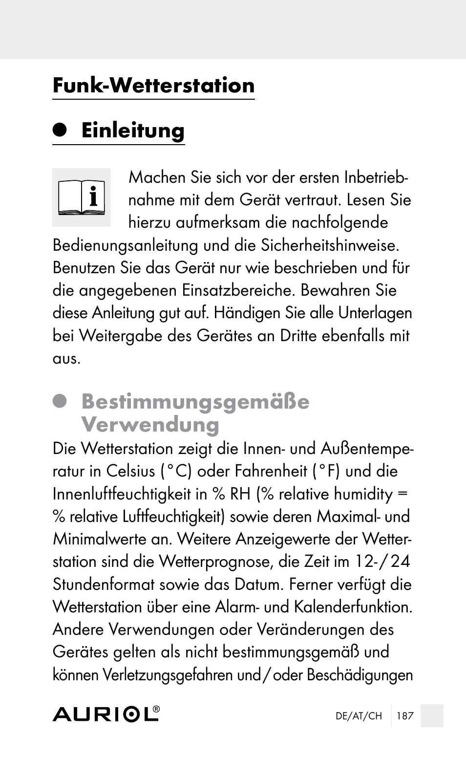 Funk-wetterstation, Einleitung, Bestimmungsgemäße verwendung | Auriol Z29962E_F User Manual | Page 187 / 212