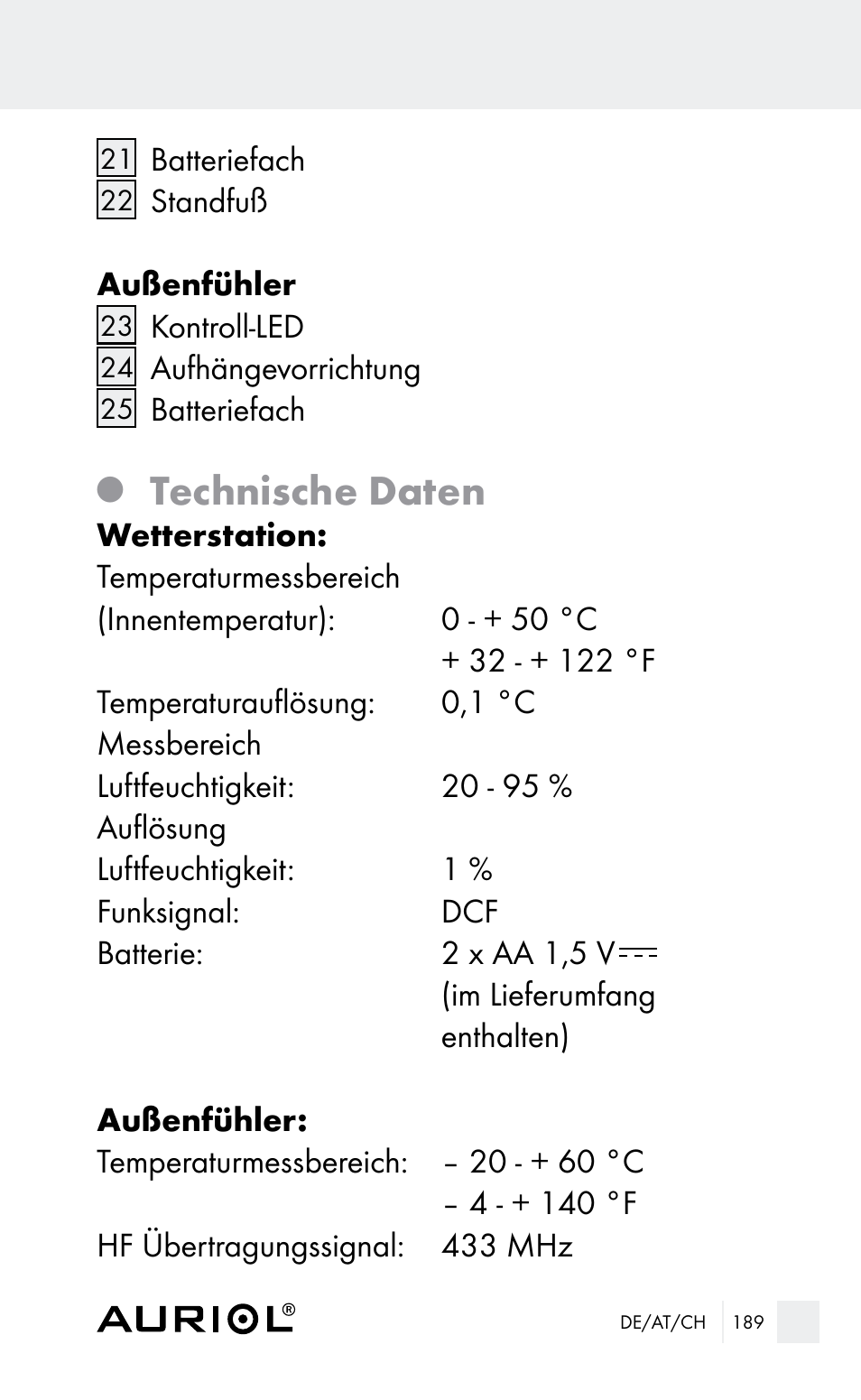 Technische daten | Auriol Z29962E_F User Manual | Page 189 / 212