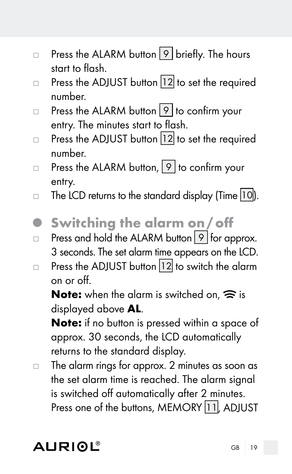 Switching the alarm on / off | Auriol Z29962E_F User Manual | Page 19 / 212