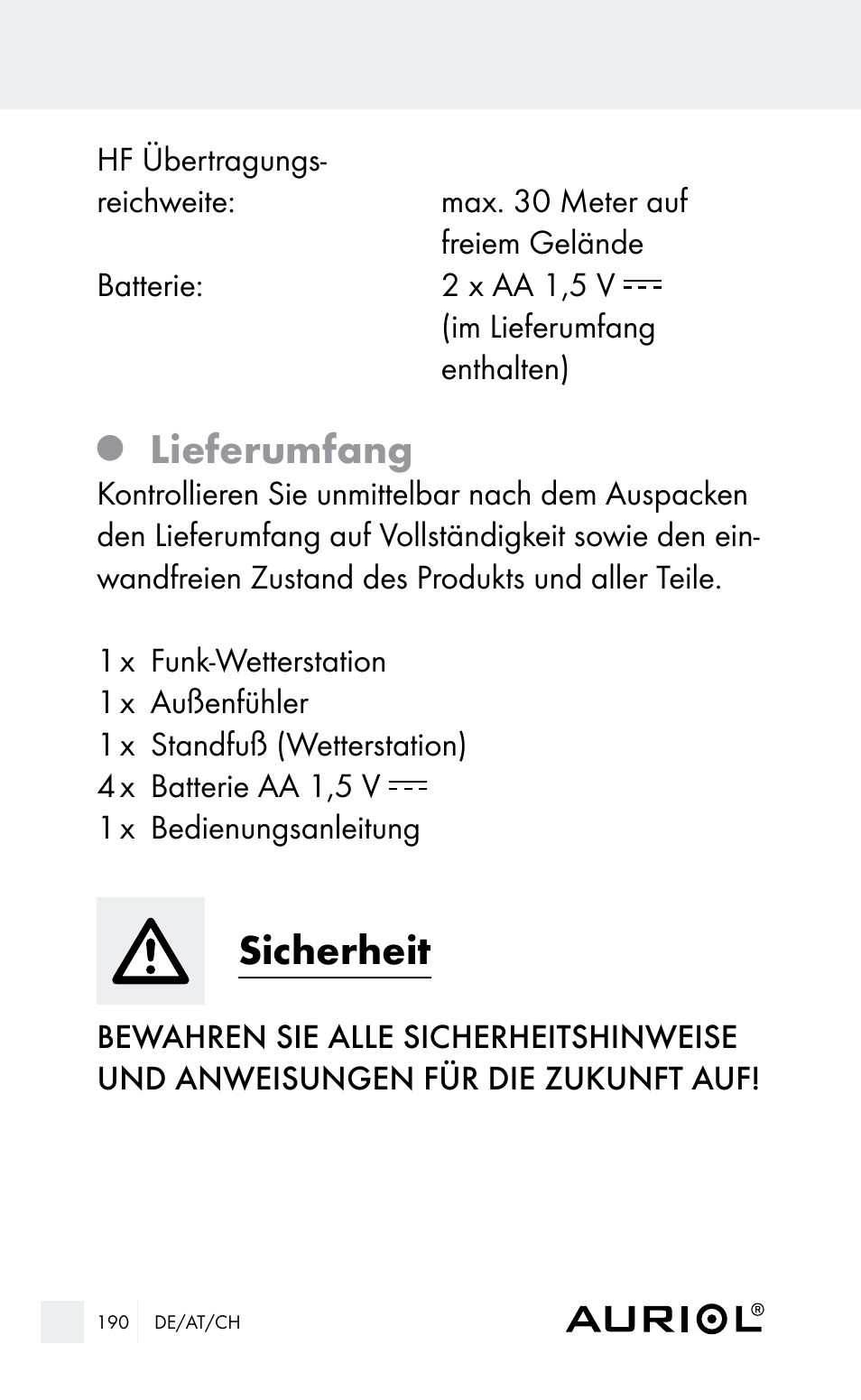 Lieferumfang, Sicherheit | Auriol Z29962E_F User Manual | Page 190 / 212