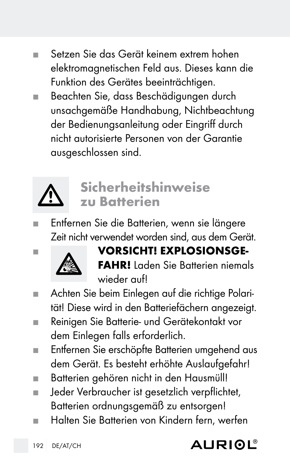 Sicherheitshinweise zu batterien | Auriol Z29962E_F User Manual | Page 192 / 212