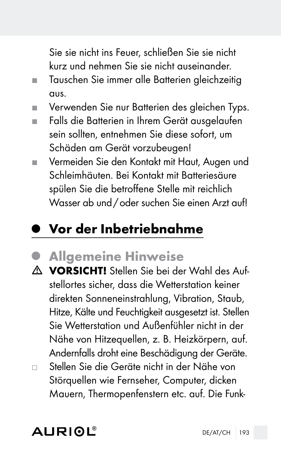 Vor der inbetriebnahme, Allgemeine hinweise | Auriol Z29962E_F User Manual | Page 193 / 212