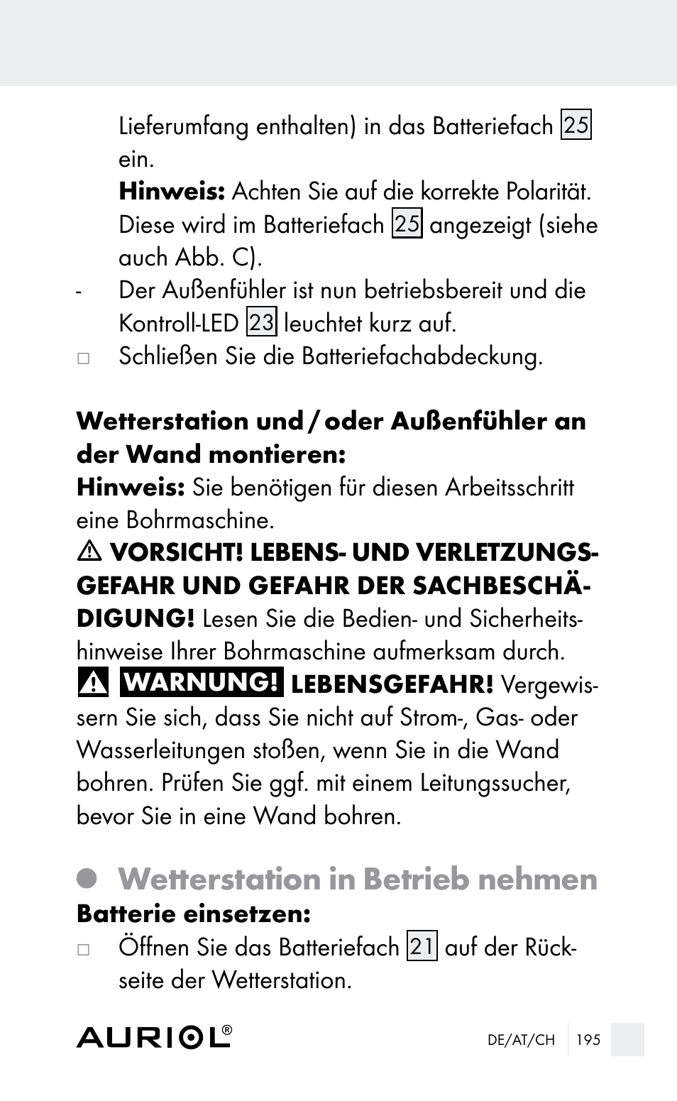 Wetterstation in betrieb nehmen | Auriol Z29962E_F User Manual | Page 195 / 212