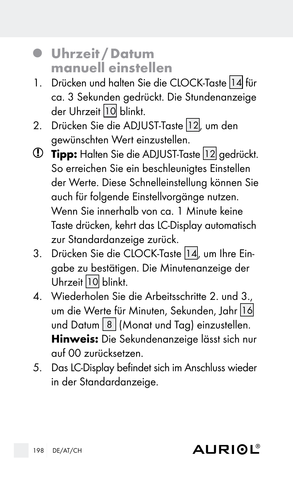 Uhrzeit / datum manuell einstellen | Auriol Z29962E_F User Manual | Page 198 / 212