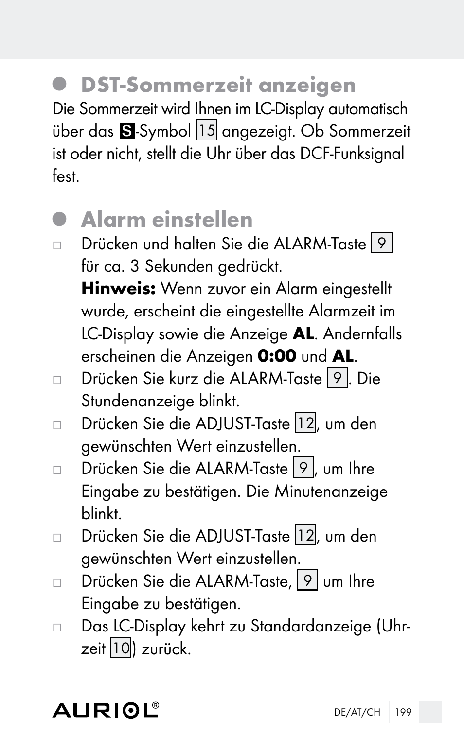 Dst-sommerzeit anzeigen, Alarm einstellen | Auriol Z29962E_F User Manual | Page 199 / 212