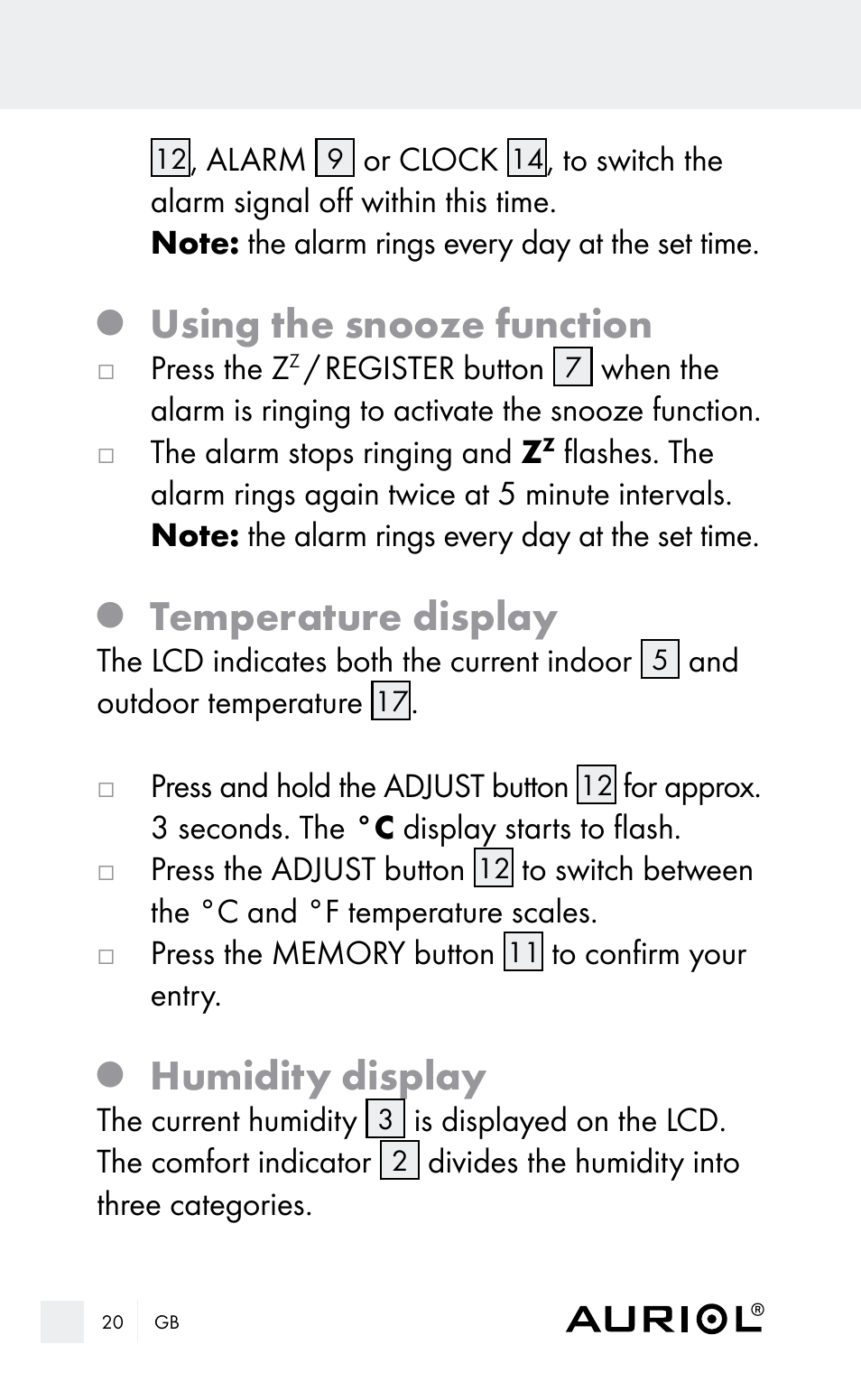 Using the snooze function, Temperature display, Humidity display | Auriol Z29962E_F User Manual | Page 20 / 212