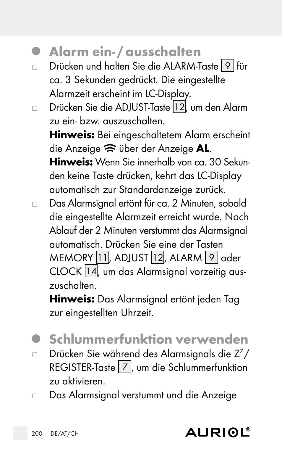 Alarm ein- / ausschalten, Schlummerfunktion verwenden | Auriol Z29962E_F User Manual | Page 200 / 212