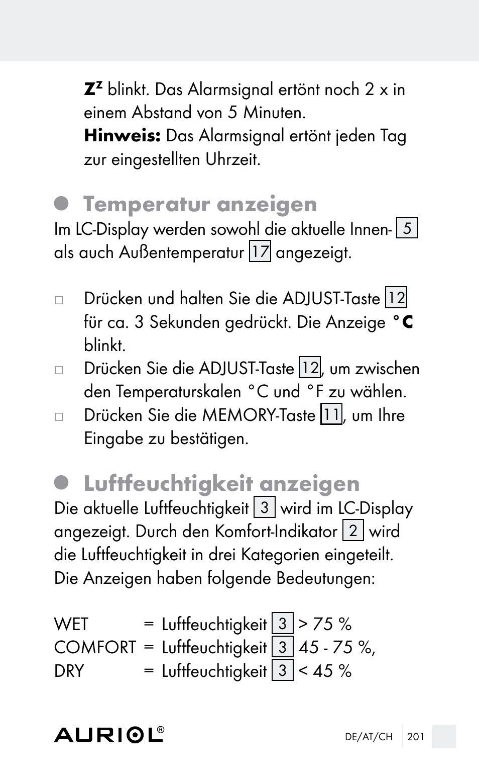 Temperatur anzeigen, Luftfeuchtigkeit anzeigen | Auriol Z29962E_F User Manual | Page 201 / 212