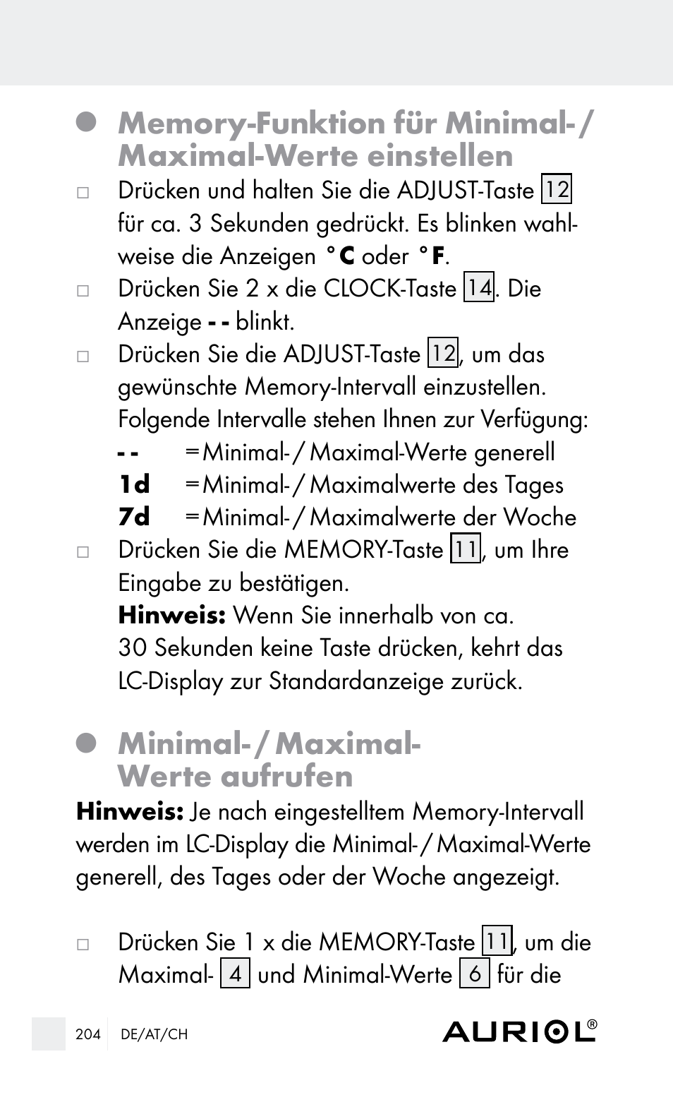 Minimal- / maximal- werte aufrufen | Auriol Z29962E_F User Manual | Page 204 / 212