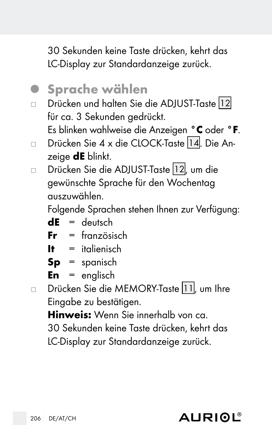 Sprache wählen | Auriol Z29962E_F User Manual | Page 206 / 212