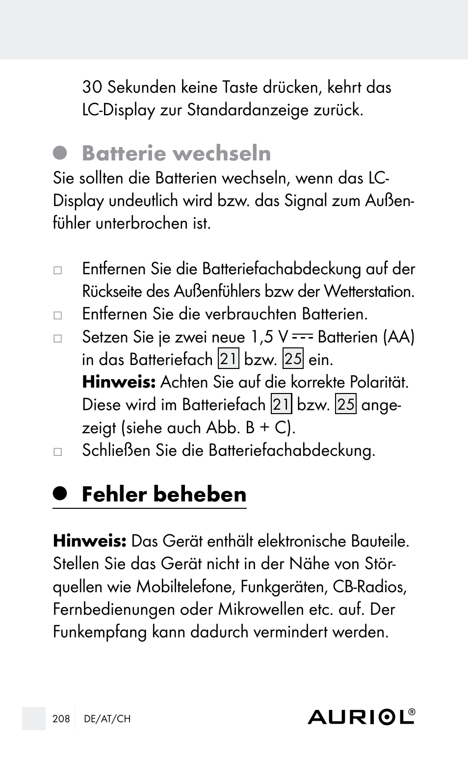 Batterie wechseln, Fehler beheben | Auriol Z29962E_F User Manual | Page 208 / 212