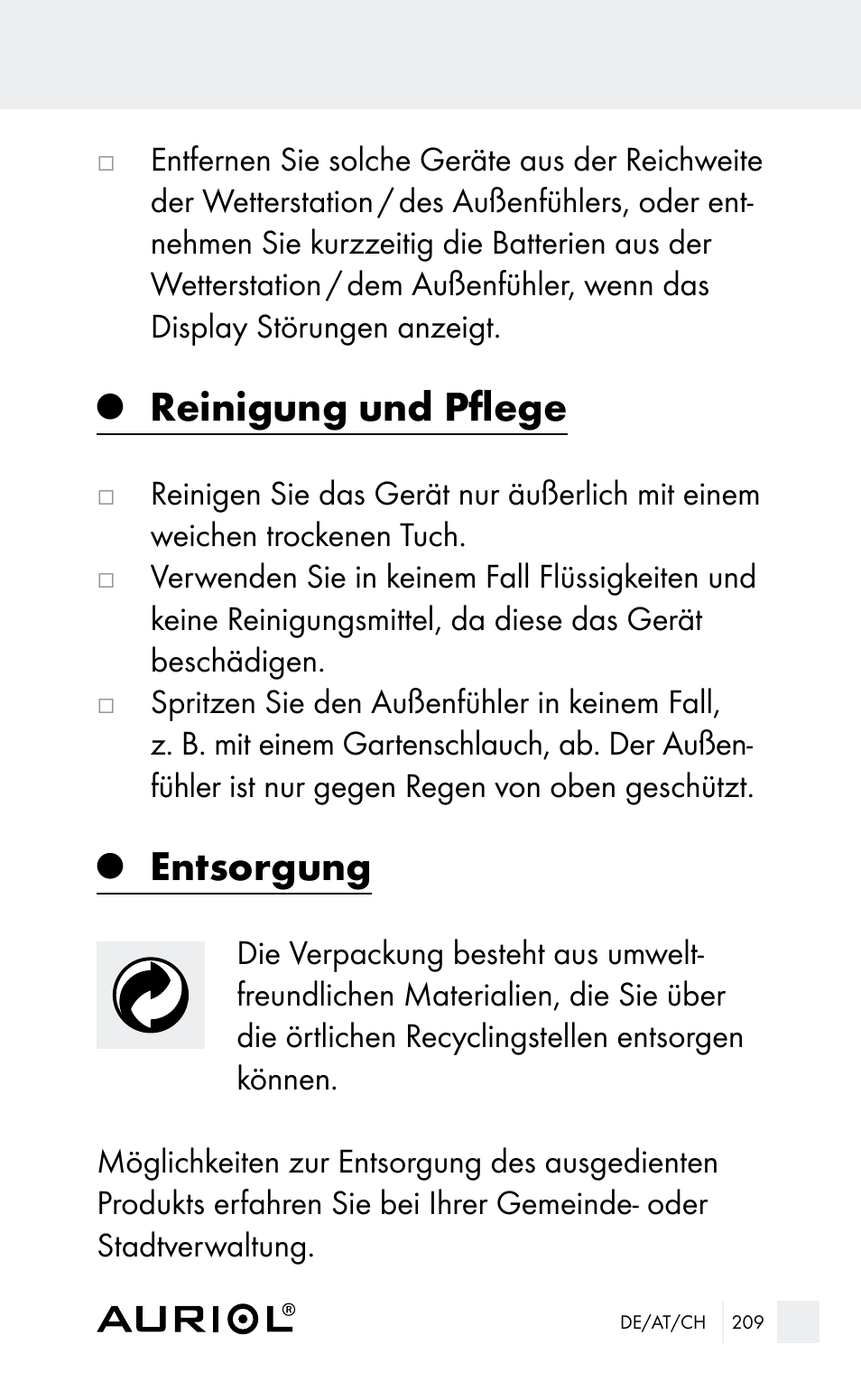 Reinigung und pflege, Entsorgung | Auriol Z29962E_F User Manual | Page 209 / 212