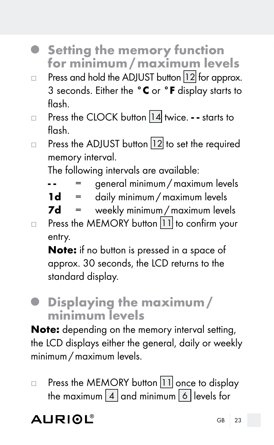 Displaying the maximum / minimum levels | Auriol Z29962E_F User Manual | Page 23 / 212