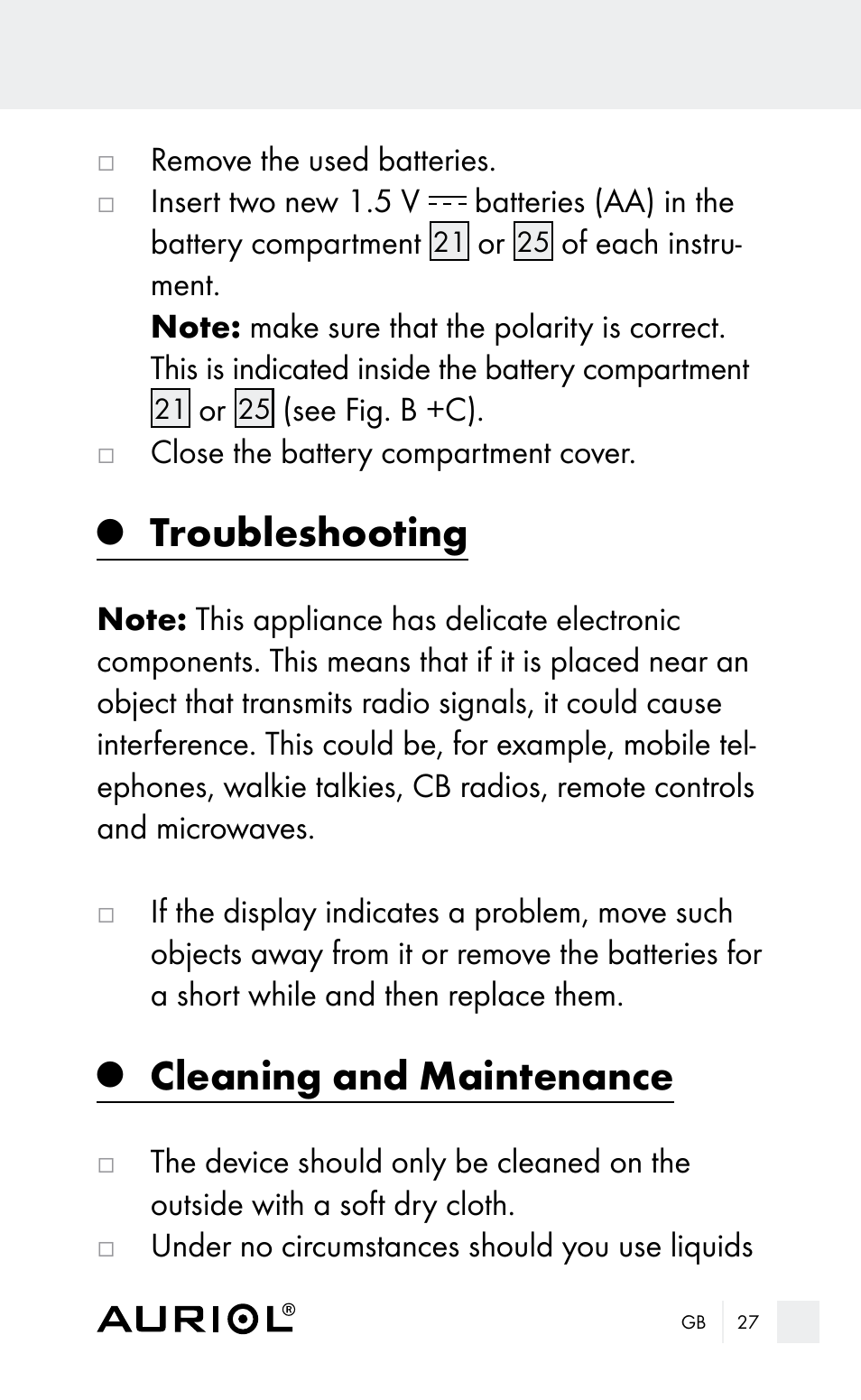 Troubleshooting, Cleaning and maintenance | Auriol Z29962E_F User Manual | Page 27 / 212