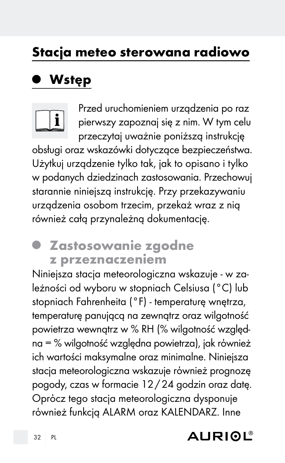 Stacja meteo sterowana radiowo, Wstęp, Zastosowanie zgodne z przeznaczeniem | Auriol Z29962E_F User Manual | Page 32 / 212