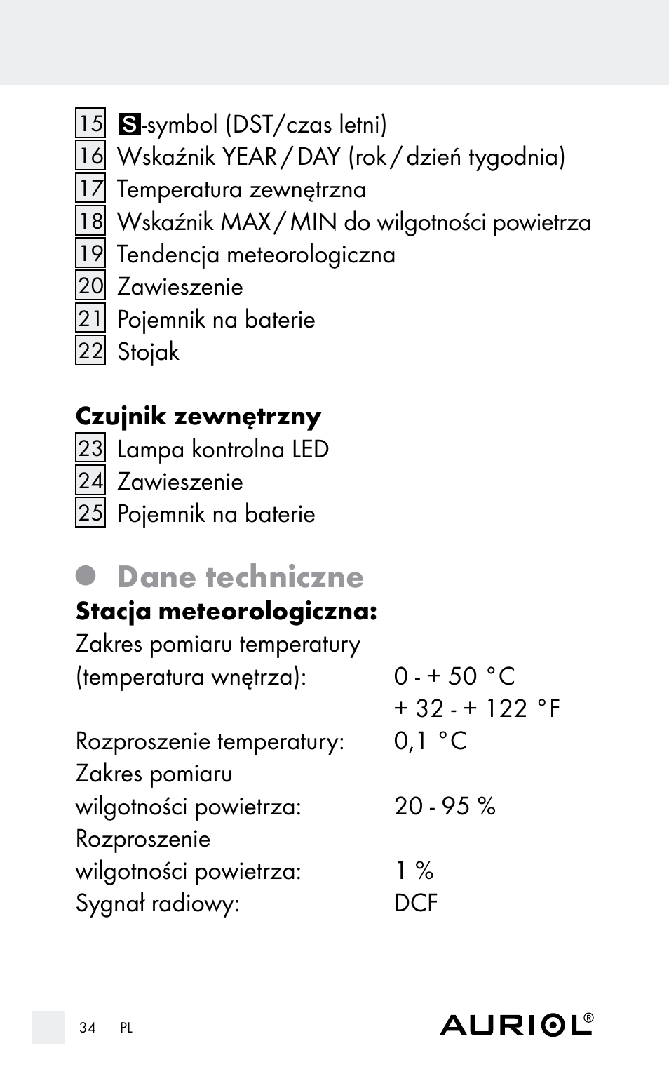 Dane techniczne | Auriol Z29962E_F User Manual | Page 34 / 212