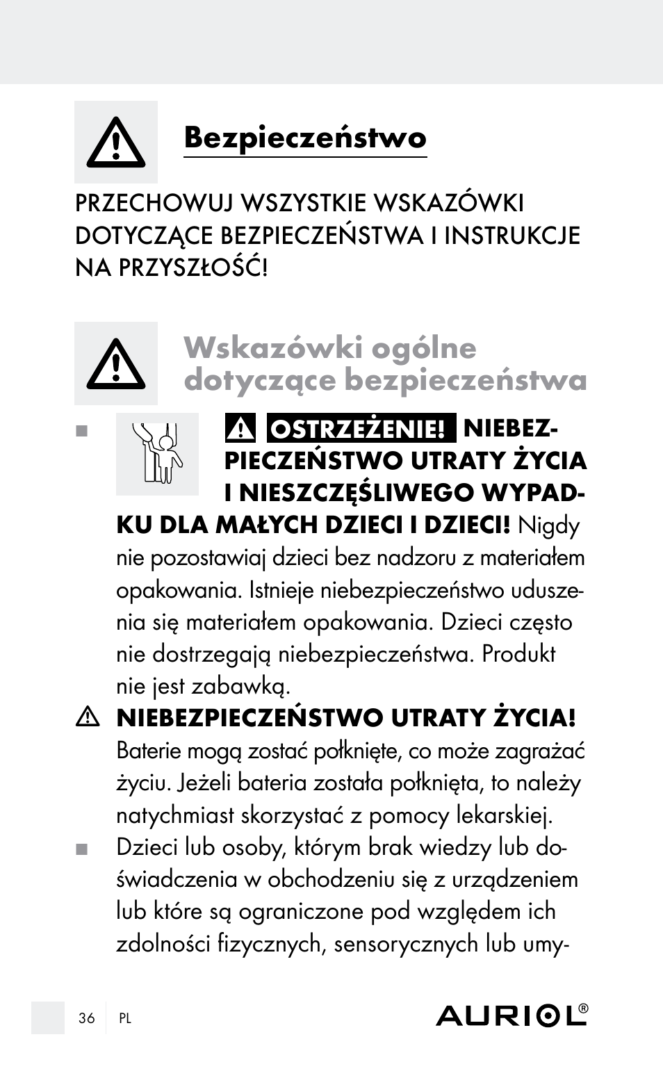 Bezpieczeństwo, Wskazówki ogólne dotyczące bezpieczeństwa | Auriol Z29962E_F User Manual | Page 36 / 212