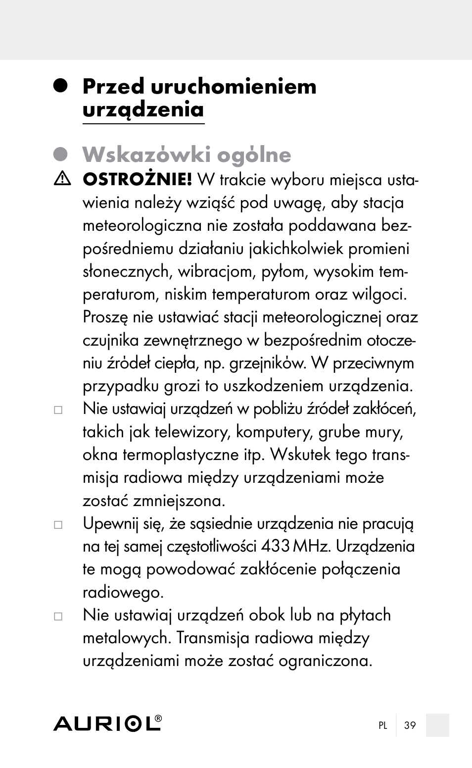 Przed uruchomieniem urządzenia, Wskazόwki ogόlne | Auriol Z29962E_F User Manual | Page 39 / 212