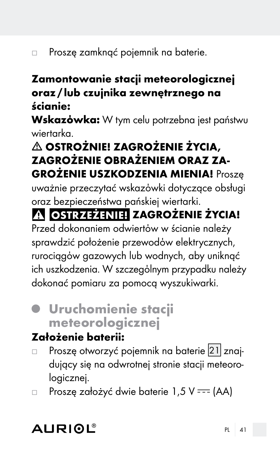 Uruchomienie stacji meteorologicznej | Auriol Z29962E_F User Manual | Page 41 / 212