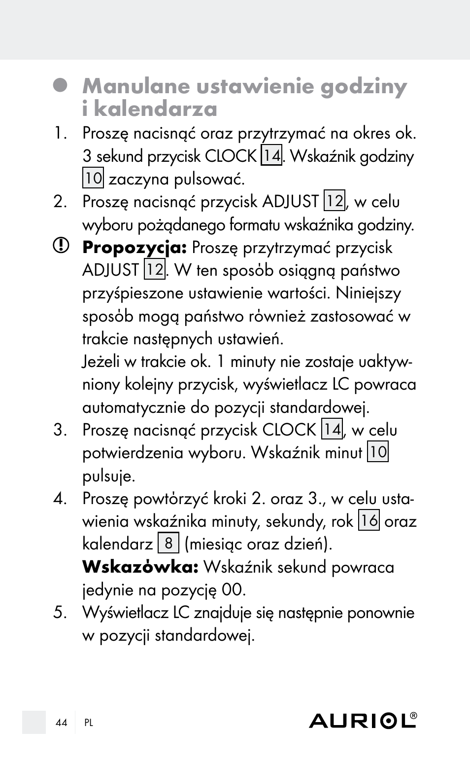 Manulane ustawienie godziny i kalendarza | Auriol Z29962E_F User Manual | Page 44 / 212