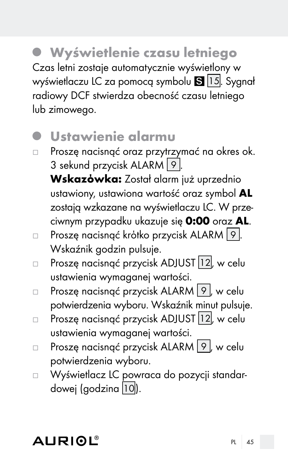 Wyświetlenie czasu letniego, Ustawienie alarmu | Auriol Z29962E_F User Manual | Page 45 / 212