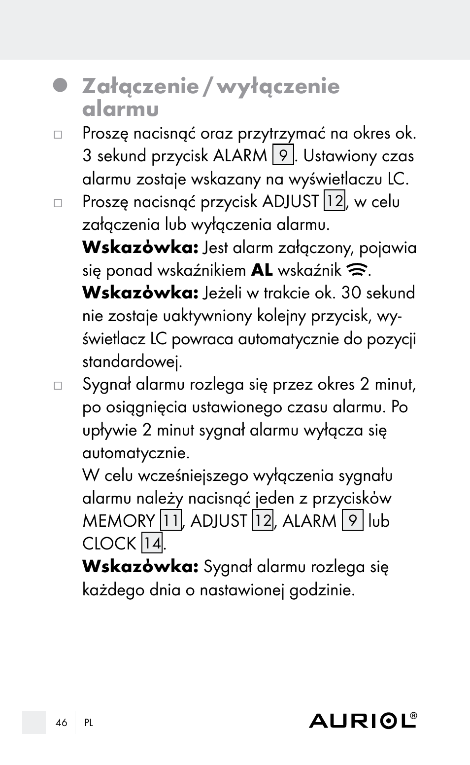 Załączenie / wyłączenie alarmu | Auriol Z29962E_F User Manual | Page 46 / 212