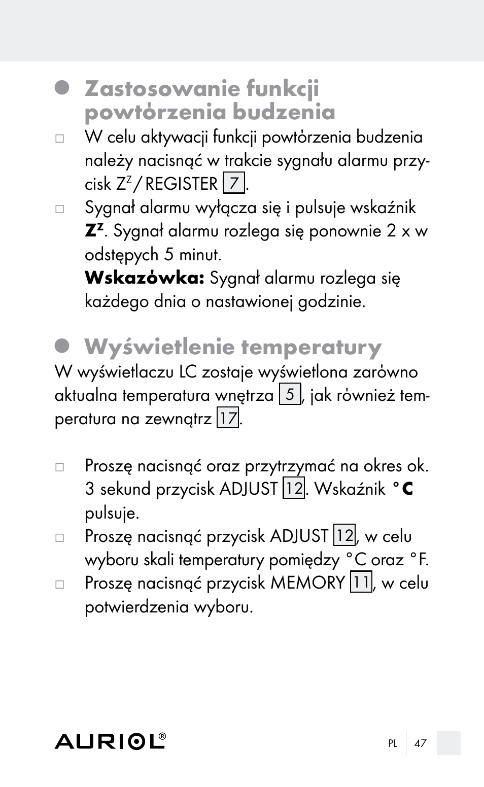 Zastosowanie funkcji powtόrzenia budzenia, Wyświetlenie temperatury | Auriol Z29962E_F User Manual | Page 47 / 212