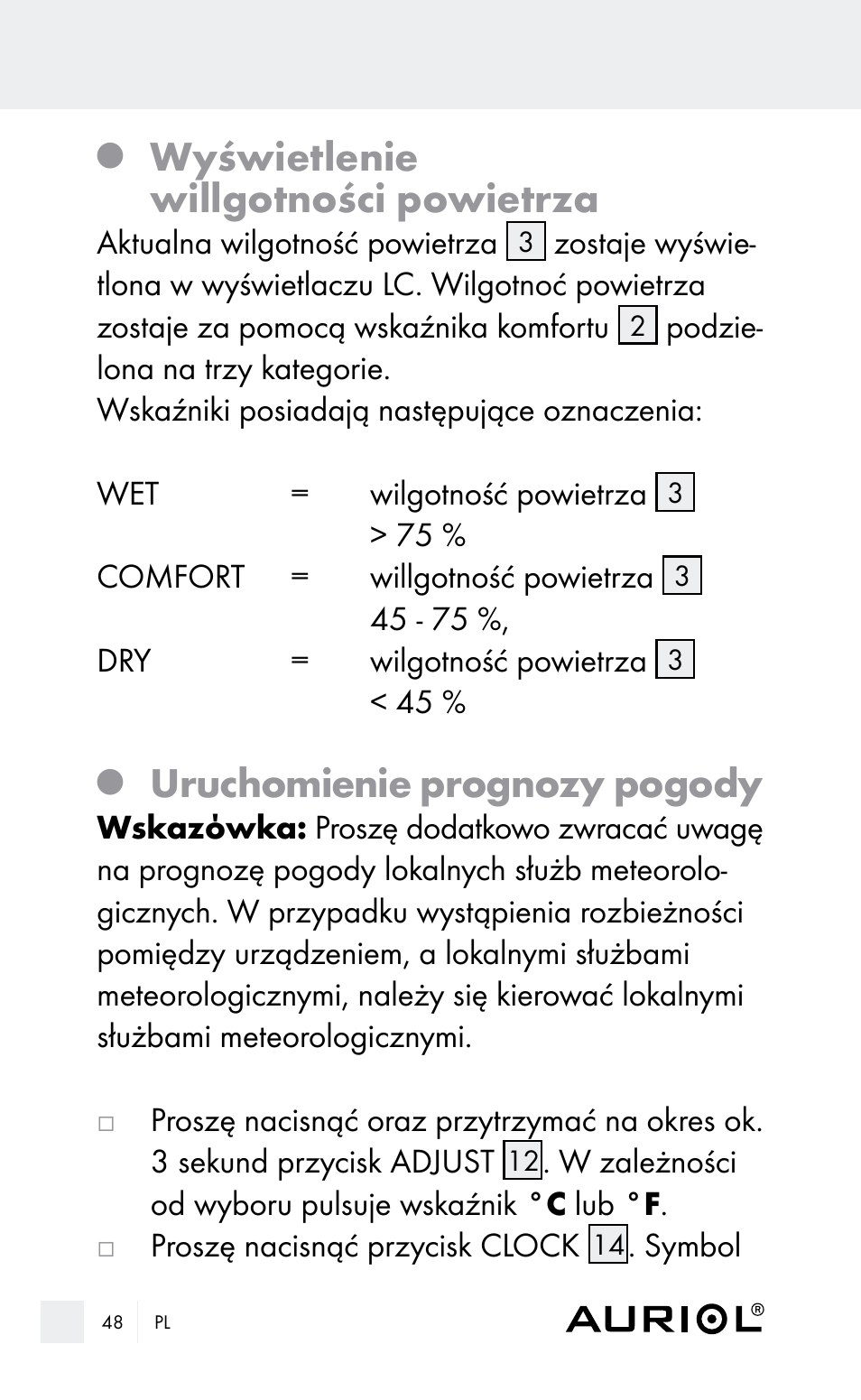 Wyświetlenie willgotności powietrza, Uruchomienie prognozy pogody | Auriol Z29962E_F User Manual | Page 48 / 212