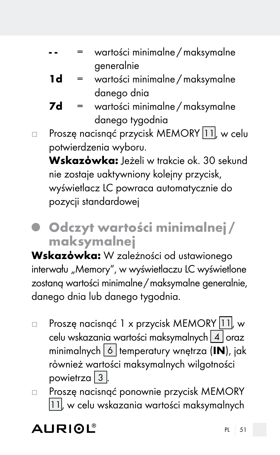 Odczyt wartości minimalnej / maksymalnej | Auriol Z29962E_F User Manual | Page 51 / 212