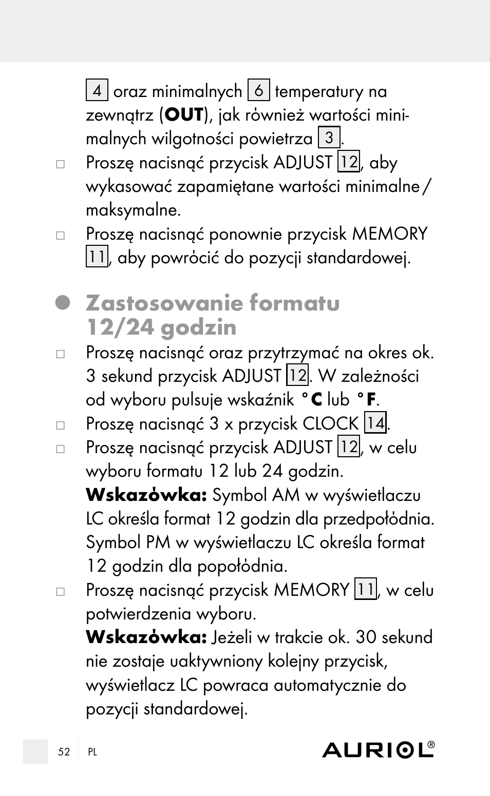 Zastosowanie formatu 12/24 godzin | Auriol Z29962E_F User Manual | Page 52 / 212