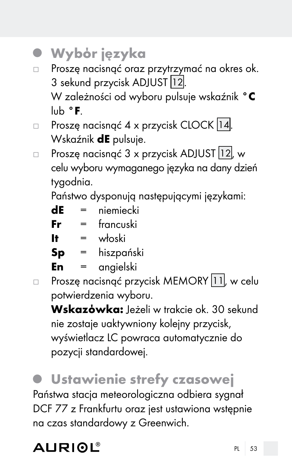 Wybόr języka, Ustawienie strefy czasowej | Auriol Z29962E_F User Manual | Page 53 / 212