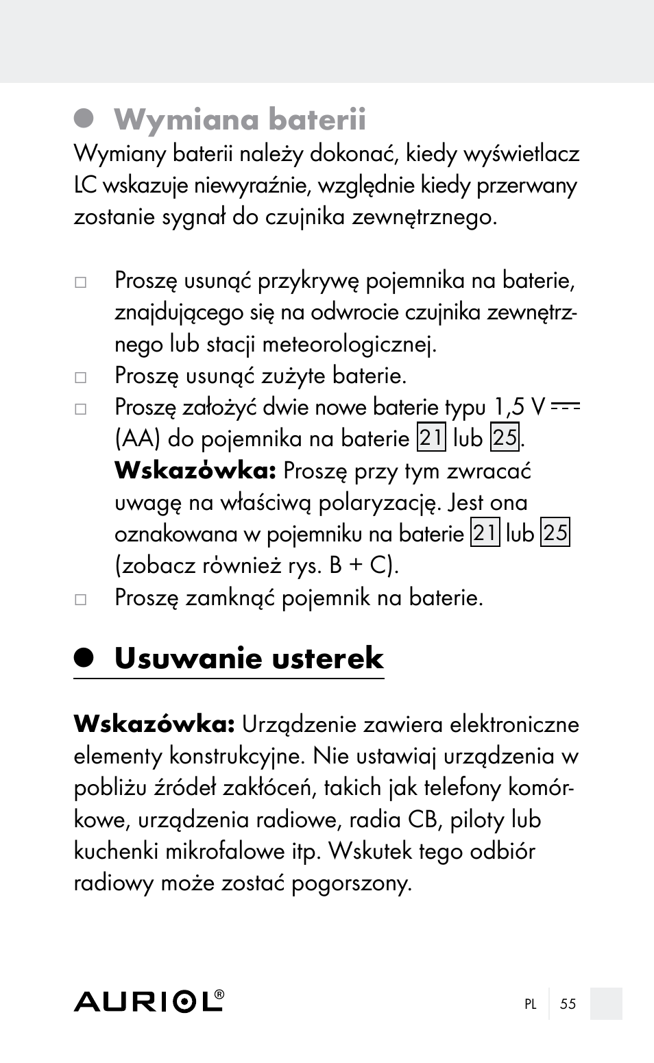 Wymiana baterii, Usuwanie usterek | Auriol Z29962E_F User Manual | Page 55 / 212