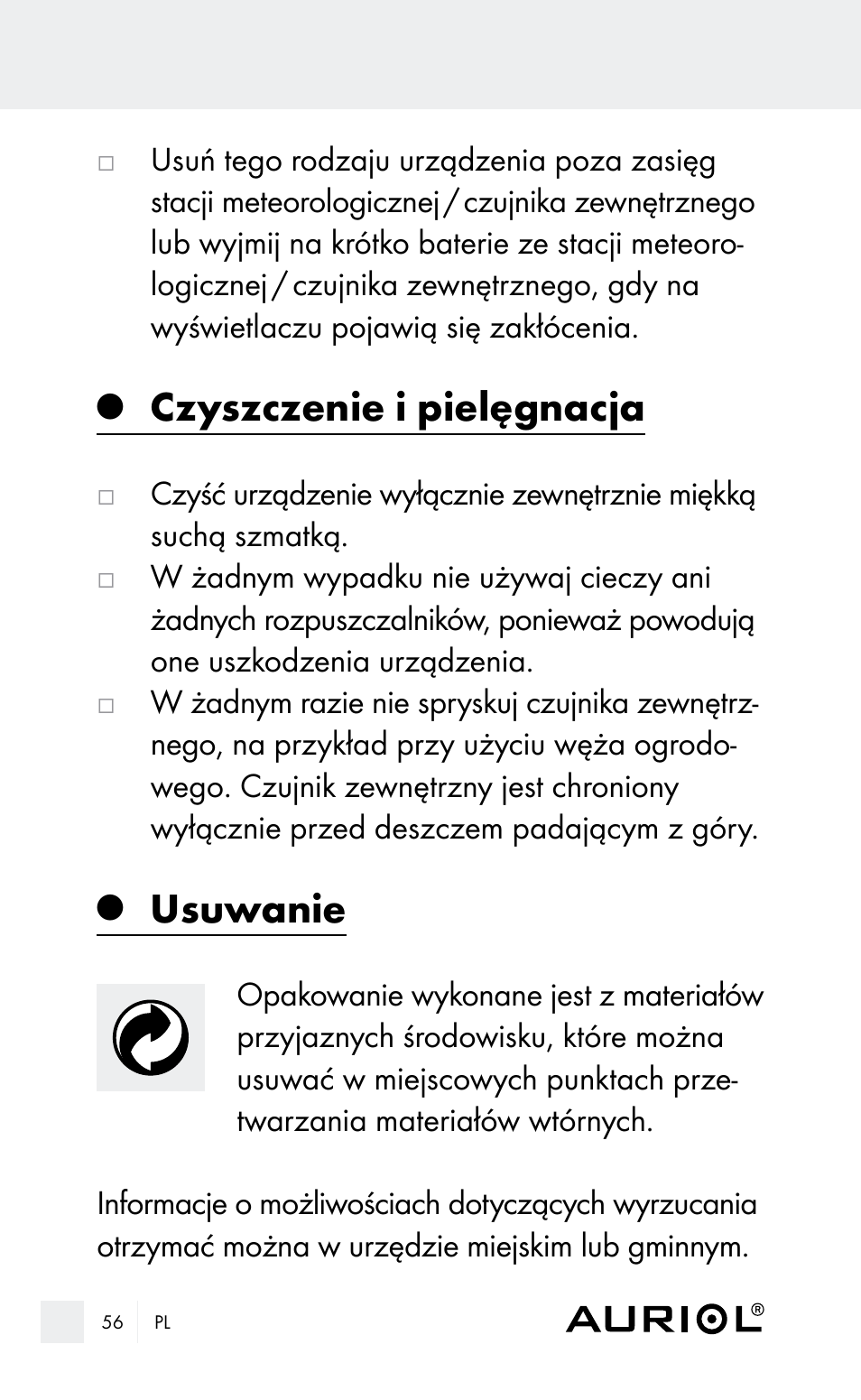 Czyszczenie i pielęgnacja, Usuwanie | Auriol Z29962E_F User Manual | Page 56 / 212