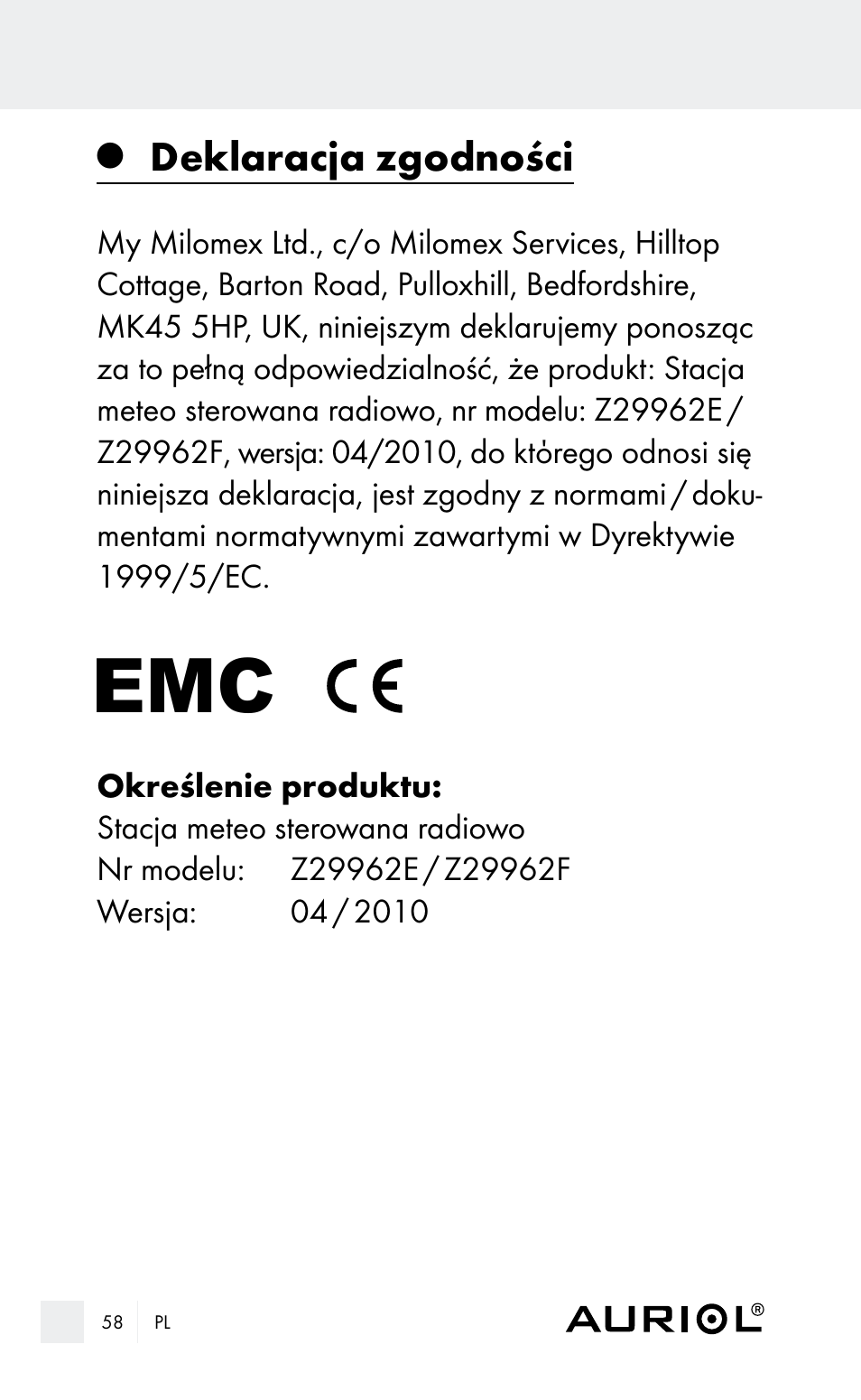 Deklaracja zgodności | Auriol Z29962E_F User Manual | Page 58 / 212