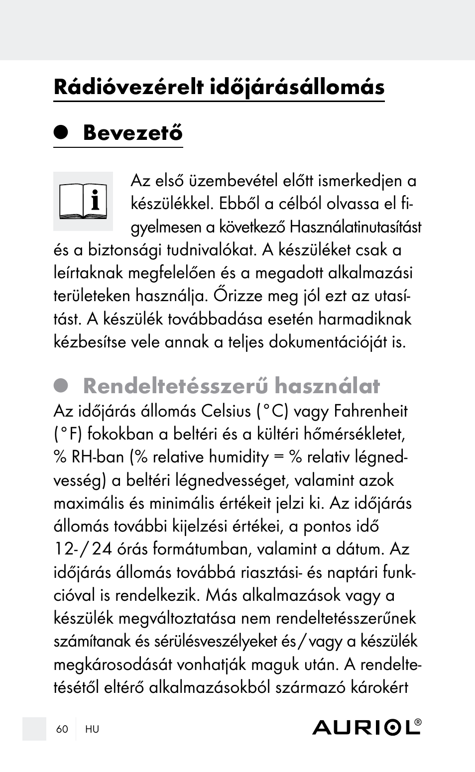 Rádióvezérelt időjárásállomás, Bevezető, Rendeltetésszerű használat | Auriol Z29962E_F User Manual | Page 60 / 212