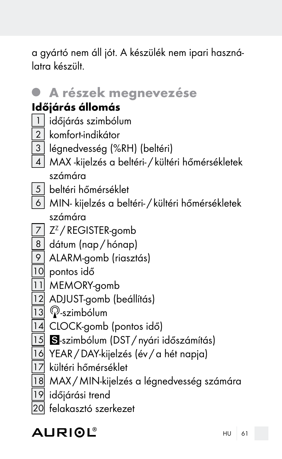 A részek megnevezése | Auriol Z29962E_F User Manual | Page 61 / 212