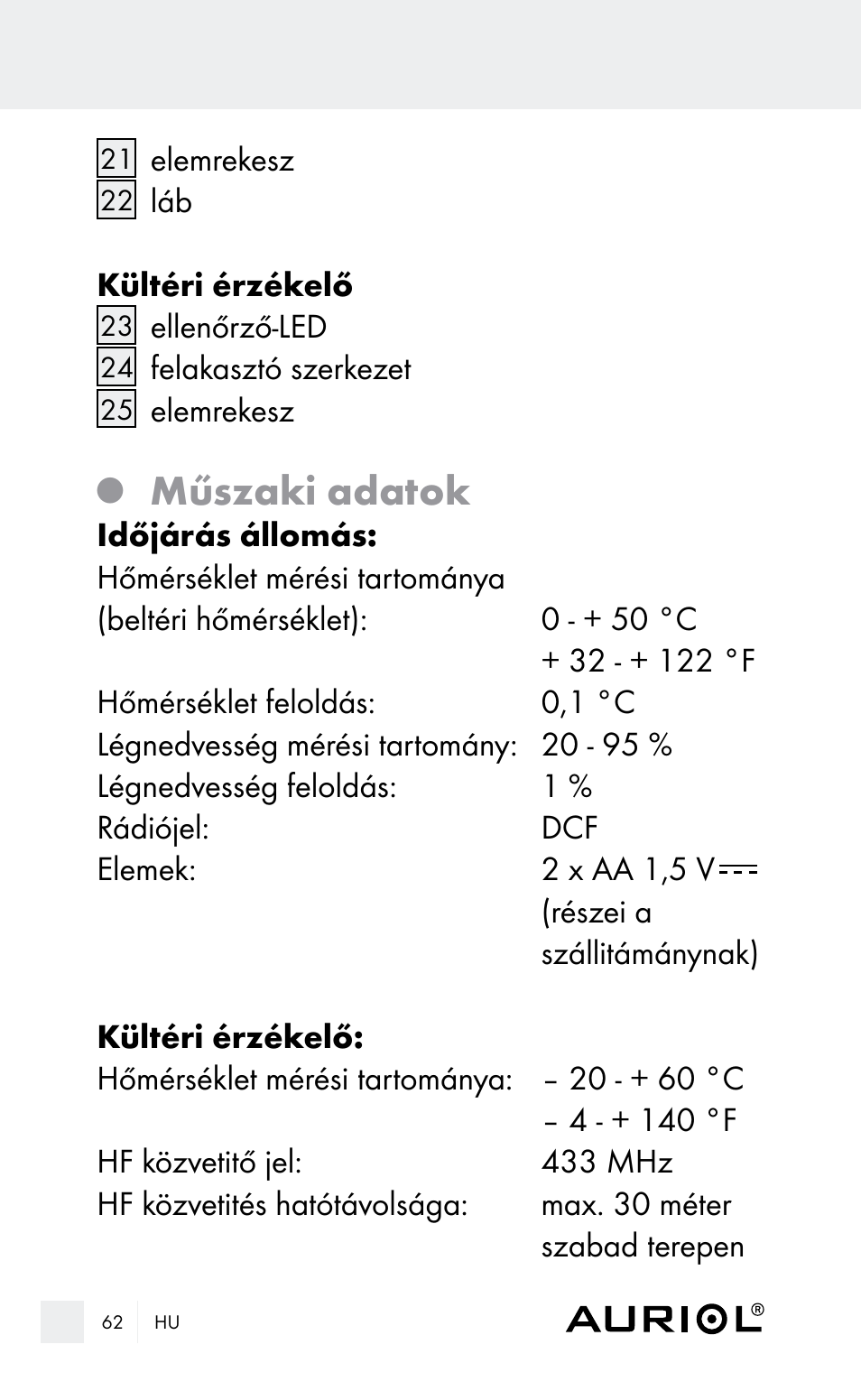 Műszaki adatok | Auriol Z29962E_F User Manual | Page 62 / 212