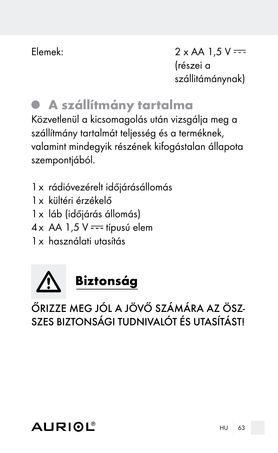 A szállítmány tartalma, Biztonság | Auriol Z29962E_F User Manual | Page 63 / 212