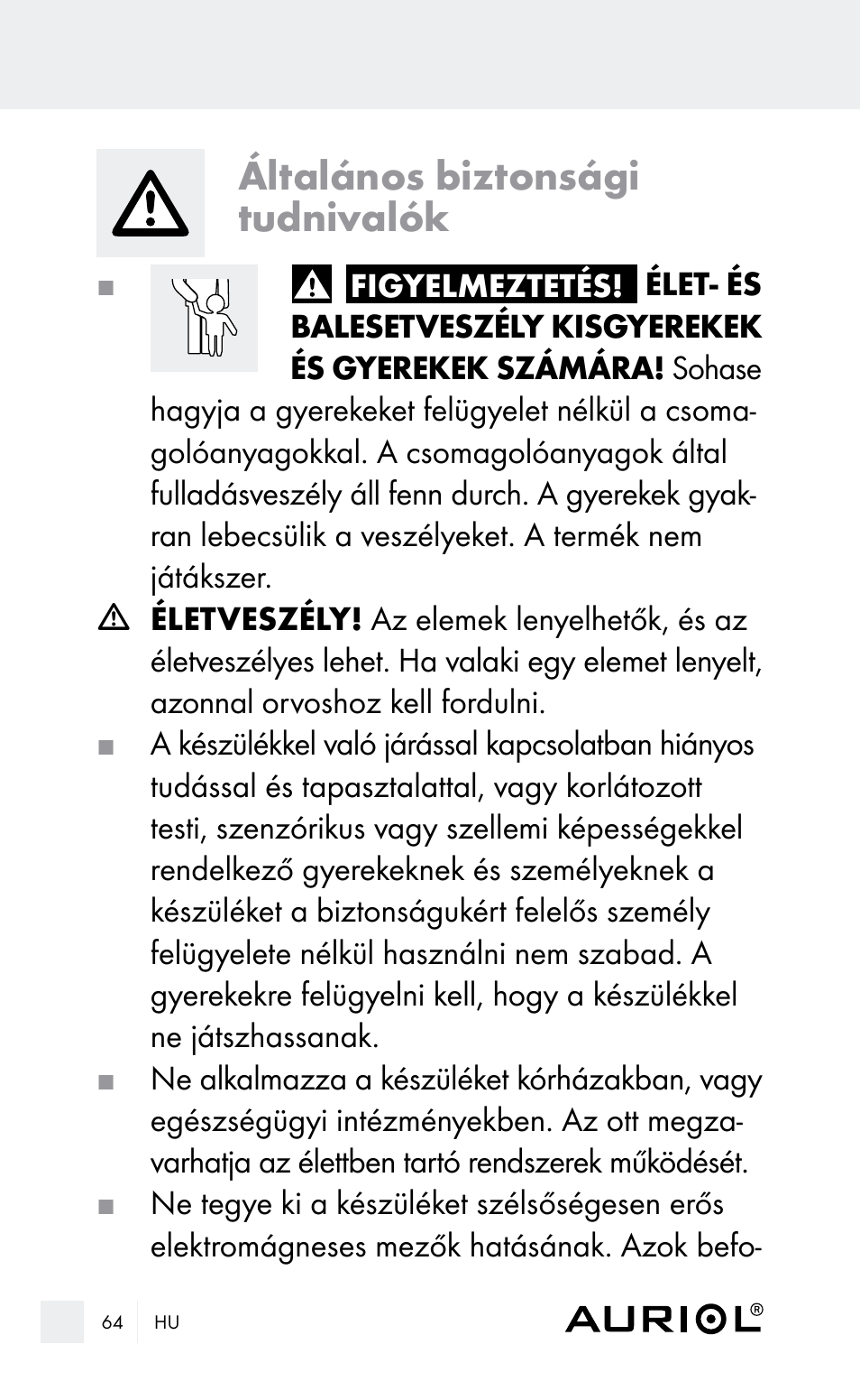 Általános biztonsági tudnivalók | Auriol Z29962E_F User Manual | Page 64 / 212