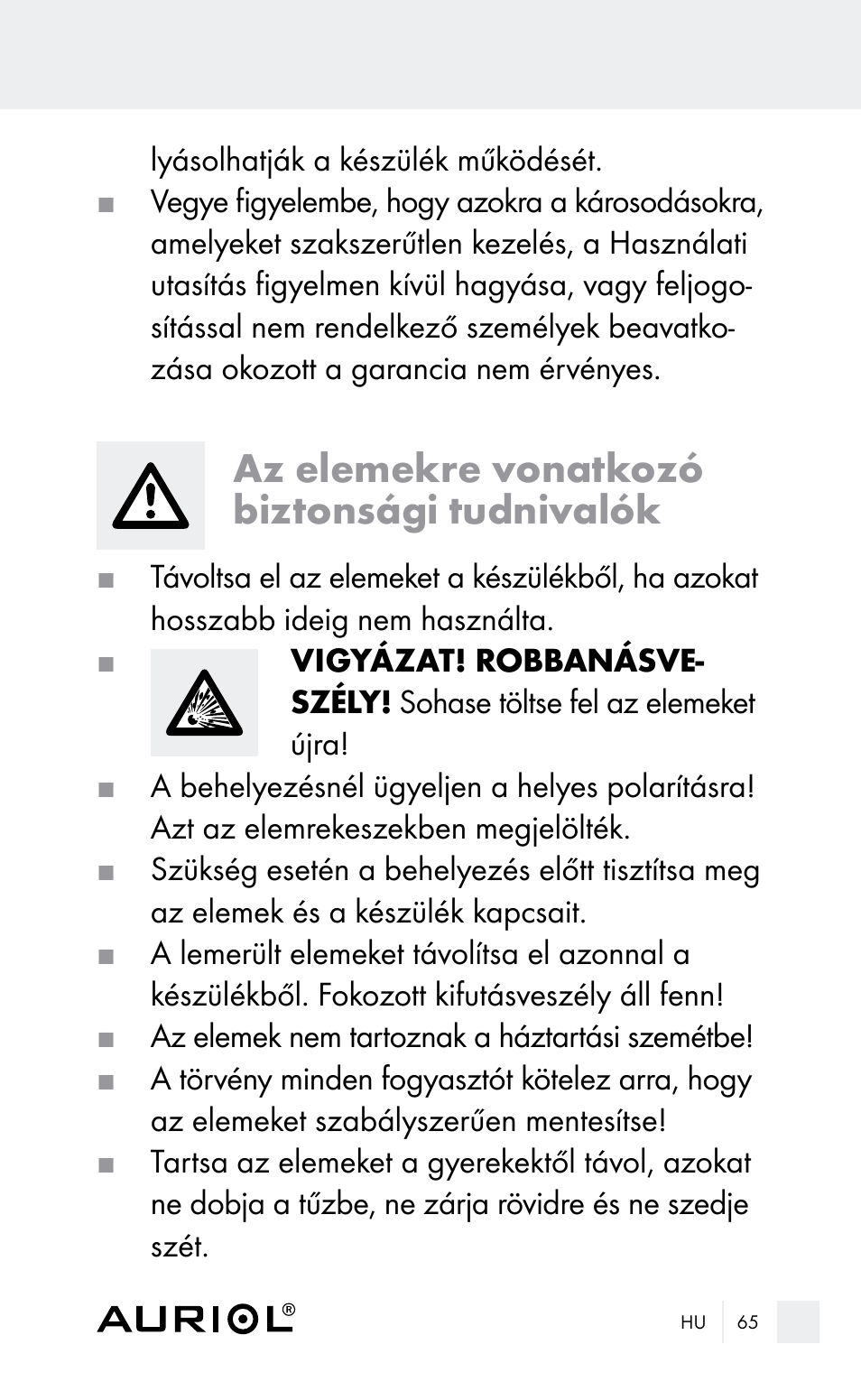 Az elemekre vonatkozó biztonsági tudnivalók | Auriol Z29962E_F User Manual | Page 65 / 212