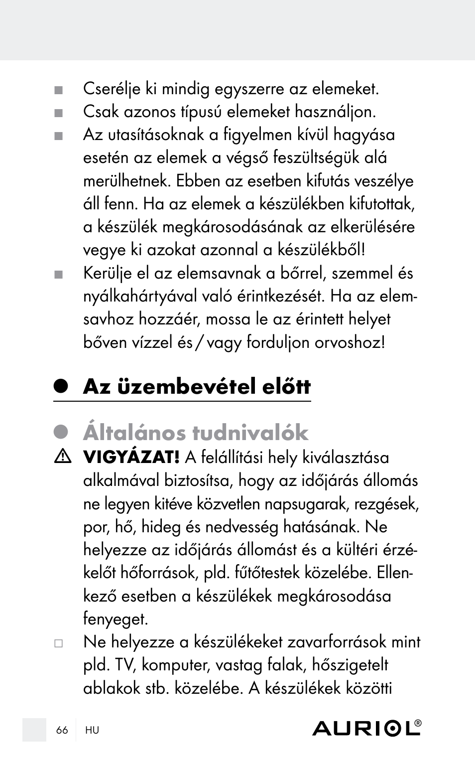 Az üzembevétel előtt, Általános tudnivalók | Auriol Z29962E_F User Manual | Page 66 / 212