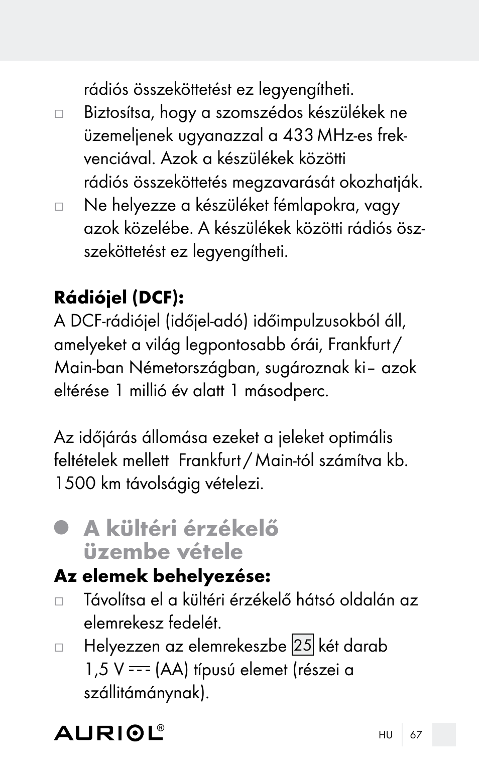 A kültéri érzékelő üzembe vétele | Auriol Z29962E_F User Manual | Page 67 / 212