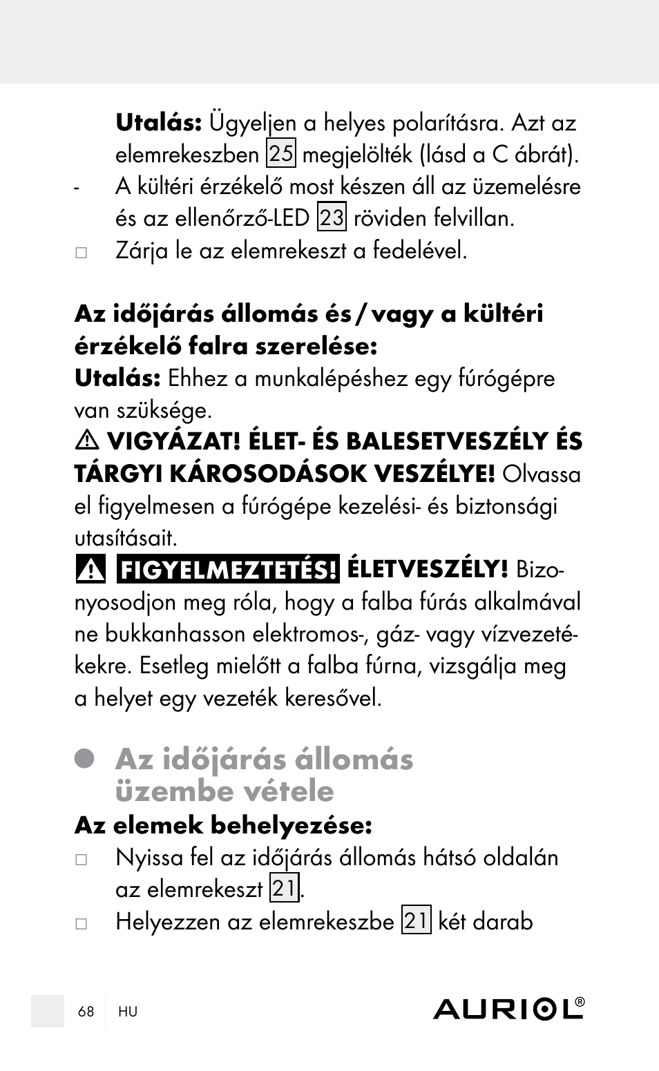 Az időjárás állomás üzembe vétele | Auriol Z29962E_F User Manual | Page 68 / 212